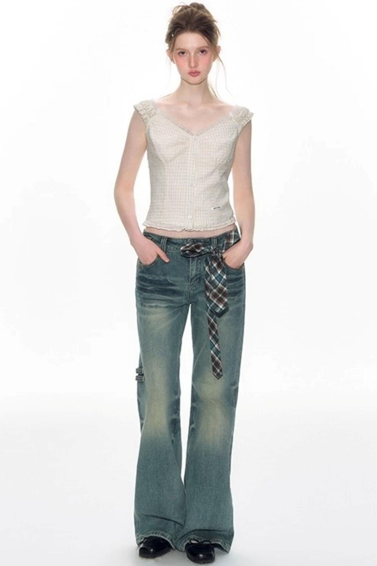 Checked Sleeveless One-Shoulder Shirt Set-Up