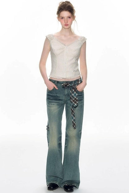 Checked Sleeveless One-Shoulder Shirt Set-Up