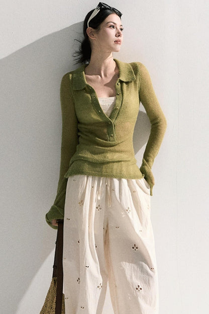 V-Neck Long Sleeve Wool Knit Top