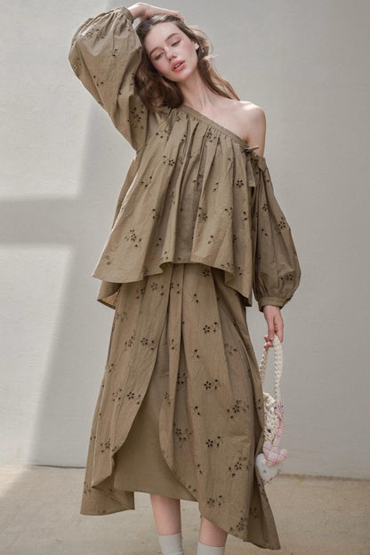 Embroidery Elegant Slanted Shoulder Skirt Set-Up