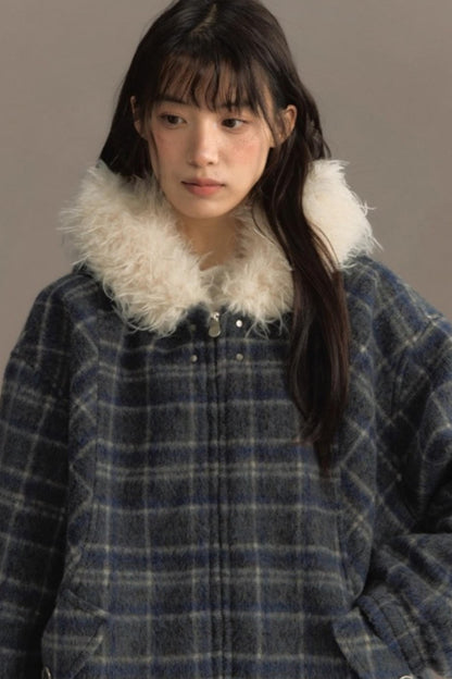 Elk Fur Collar Plaid Woolen Jacket