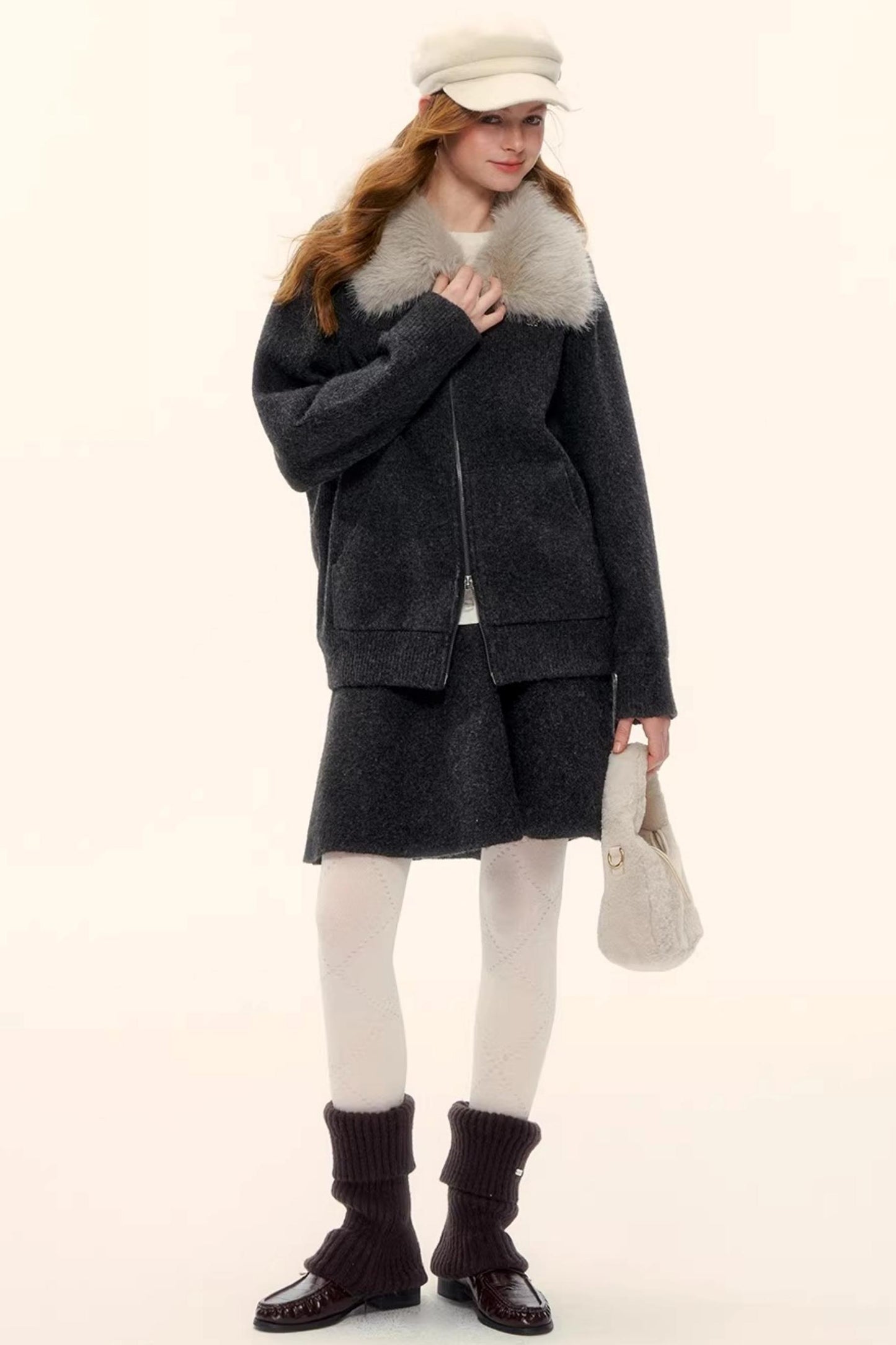 Wool Blend Lapel Fur Collar Coat Set-Up