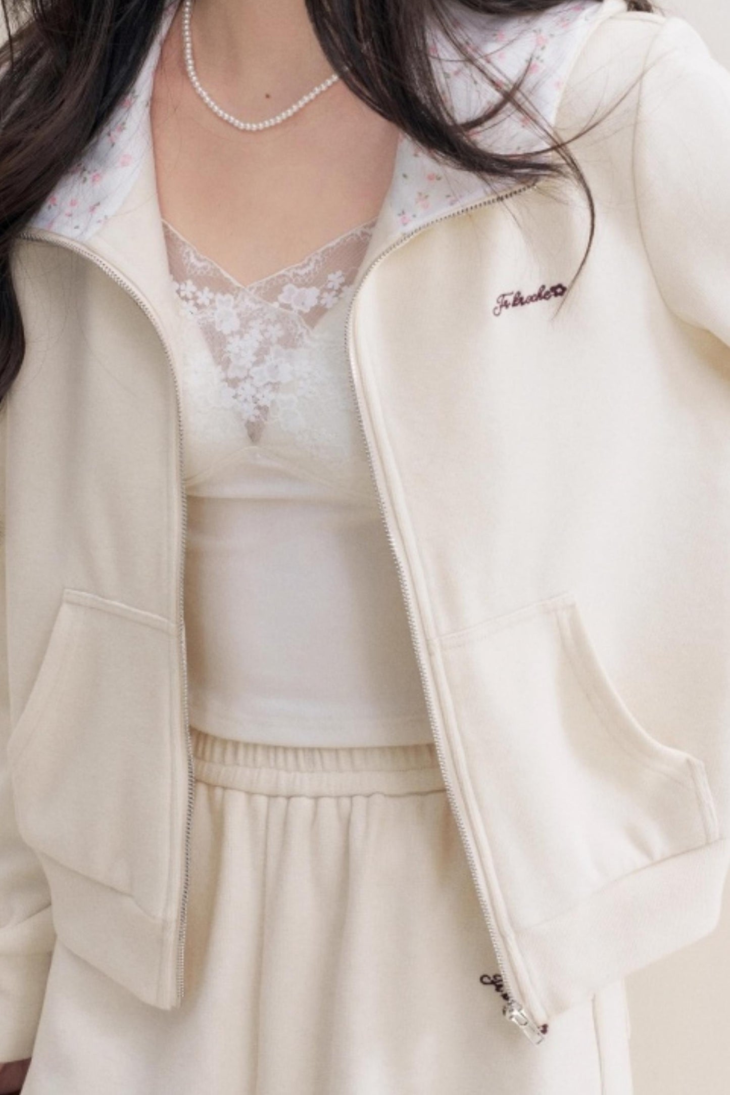 Rose Print Patchwork Hooded Jacket Set-Up