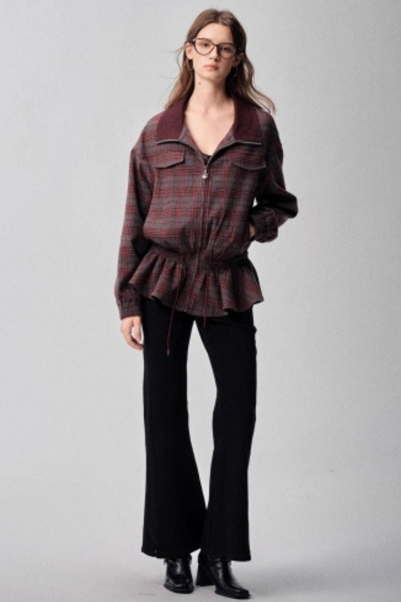 Red Plaid Autumn Waist Jacket