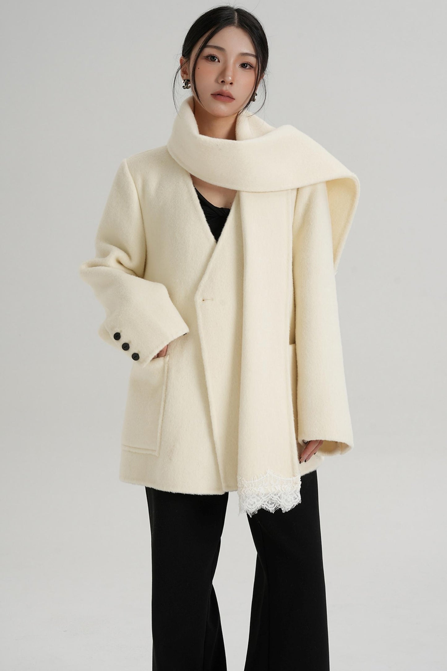 Scarf Patchwork Lace Woolen Coat