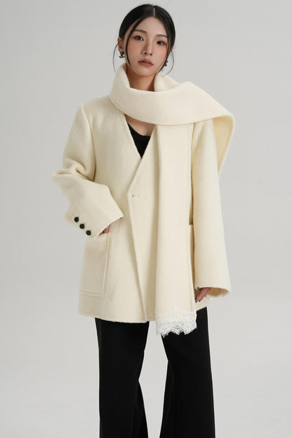 Scarf Patchwork Lace Woolen Coat