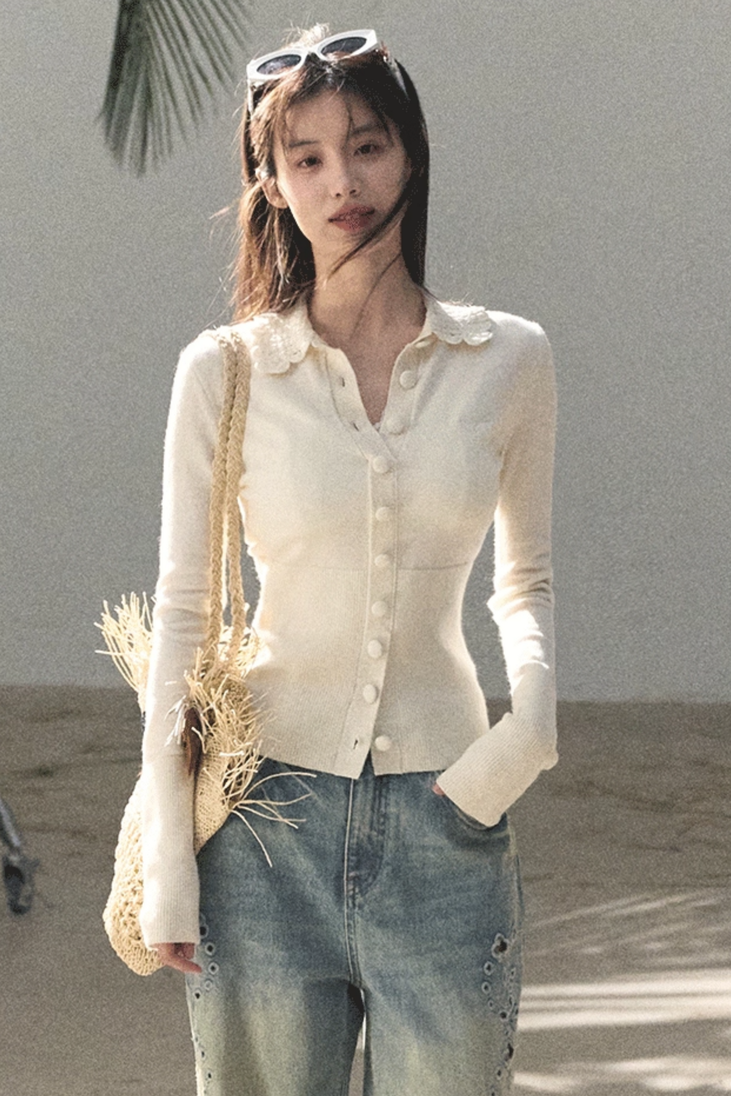 Laser Embroidery Distressed Jeans