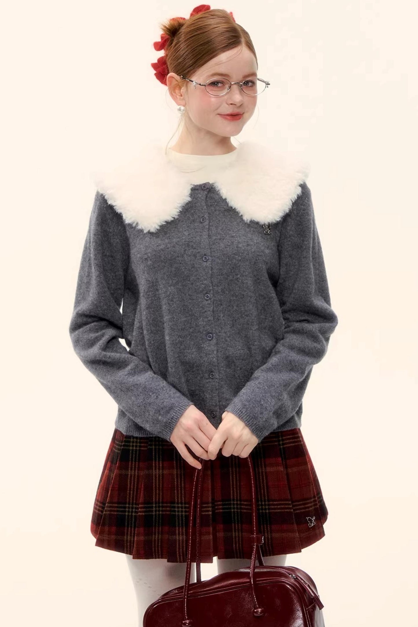 Wool Detachable Fur Collar Cardigan