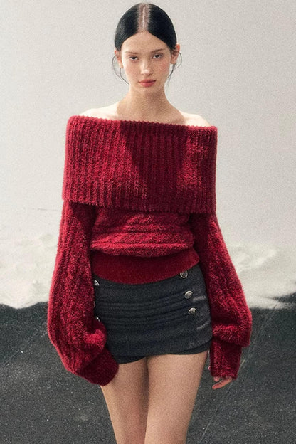 Off-Shoulder Cable Knit Sweater