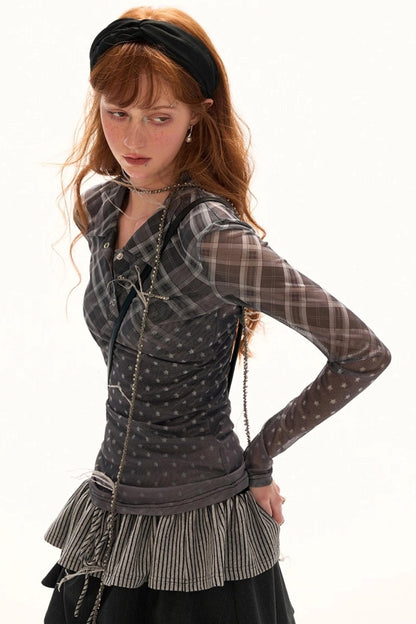 Luxury Slim Plaid Mesh Tee