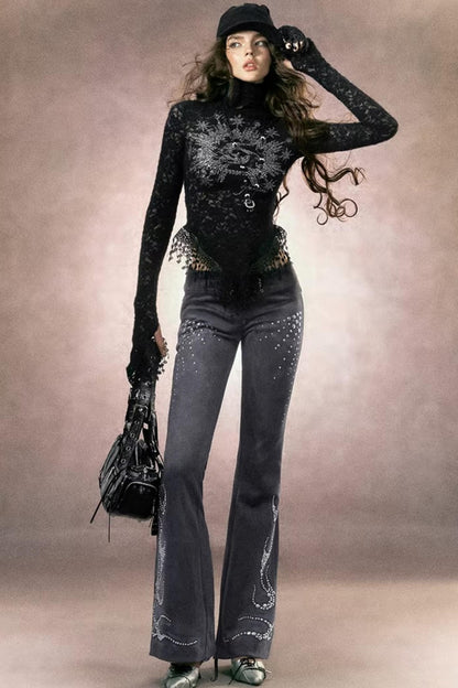 Retro Rhinestone Flared Pants