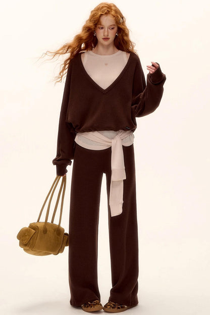 Waffle Knit V-Neck Sweater Set-Up