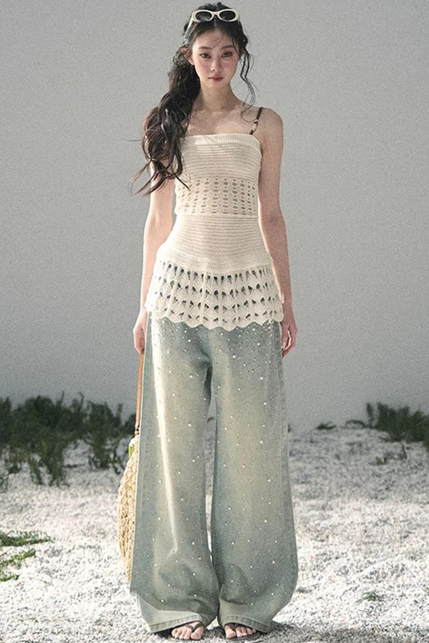 Pantalon en jean bleu clair perlé