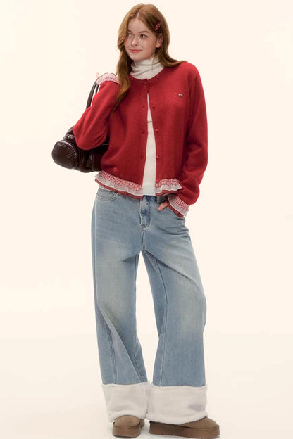 Fleece-Lined Wool Spliced Jeans