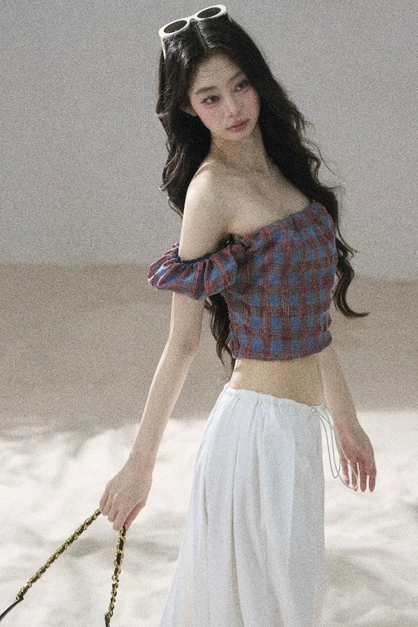 Youthful Plaid Off-Shoulder Top