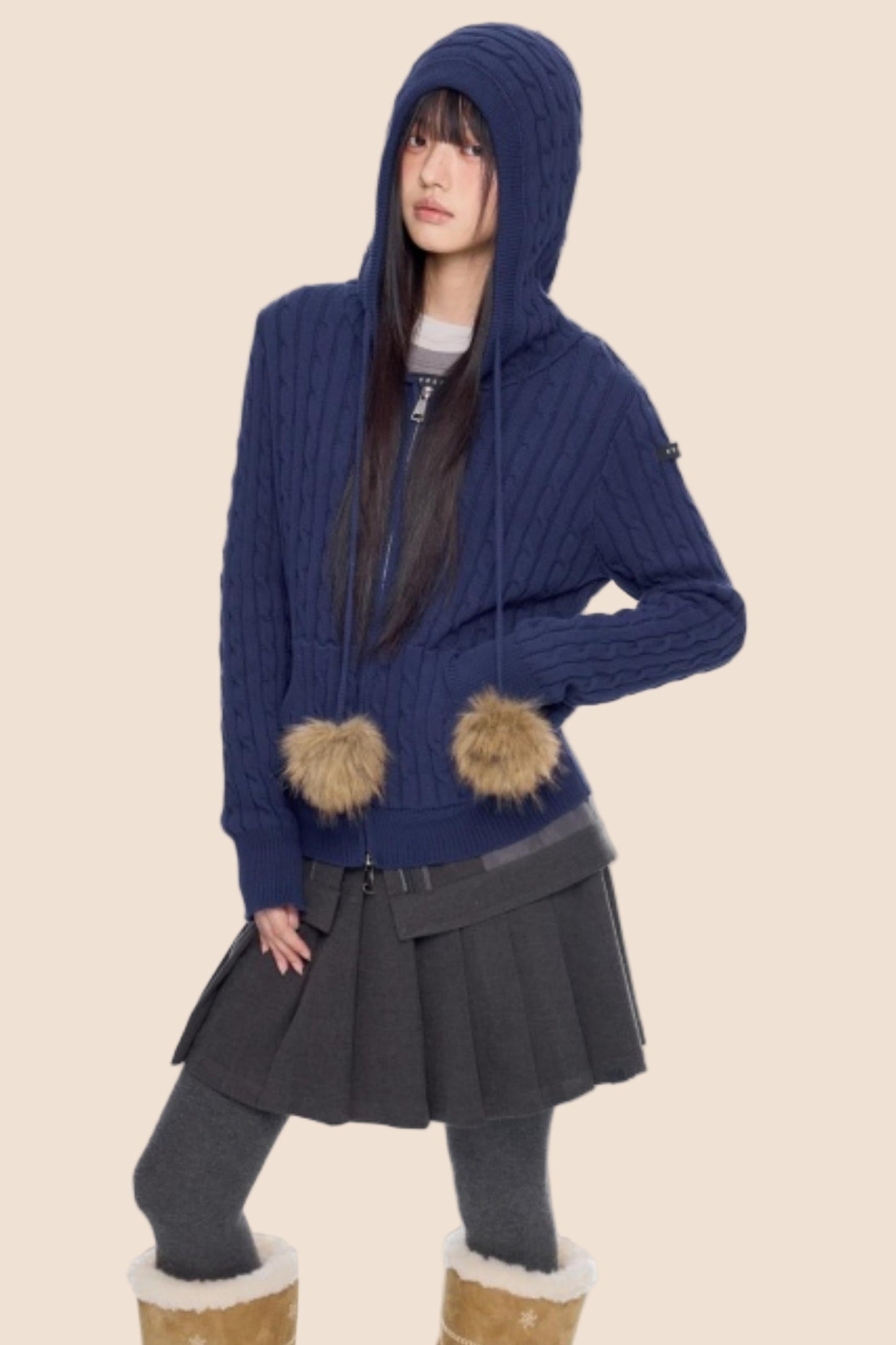 Furball Twisted Knit Hooded Cardigan