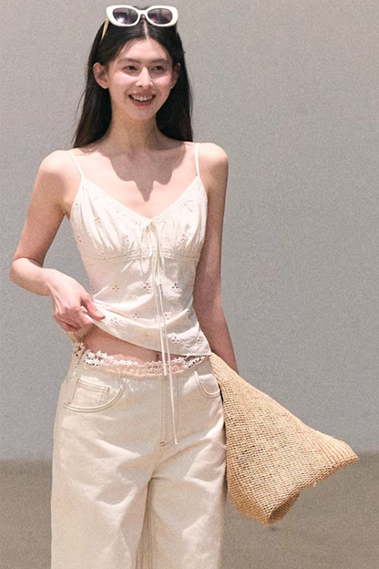 Washed Wide-Leg Lace Pants