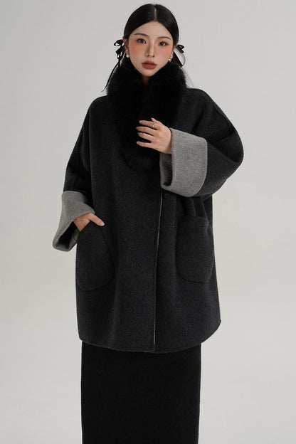 Elegant Fox Fur Collar Wool Cape Coat