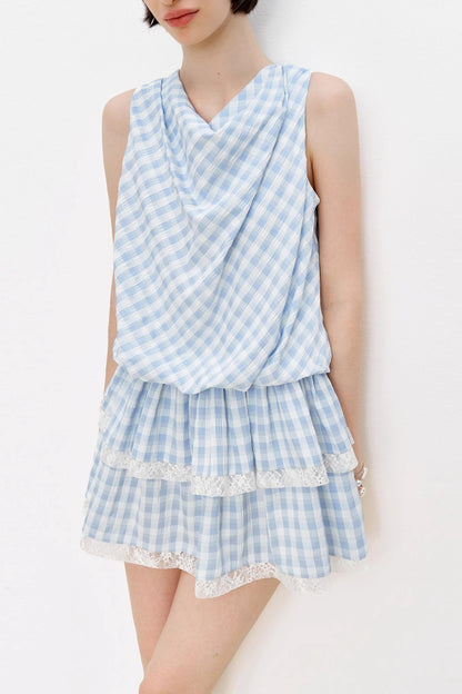 Blue Plaid Lace A-Line Dress