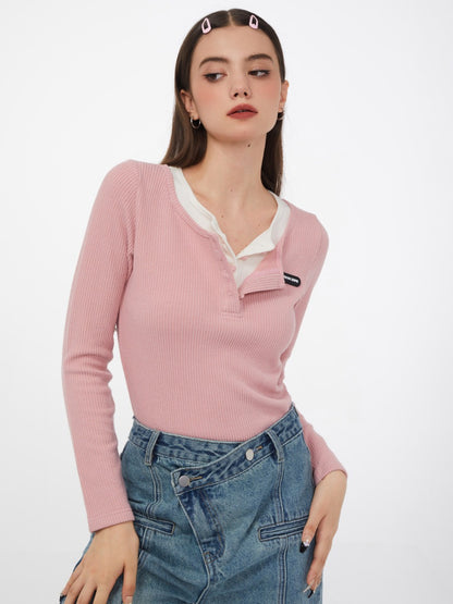 American retro slim V-neck long sleeve T-shirt