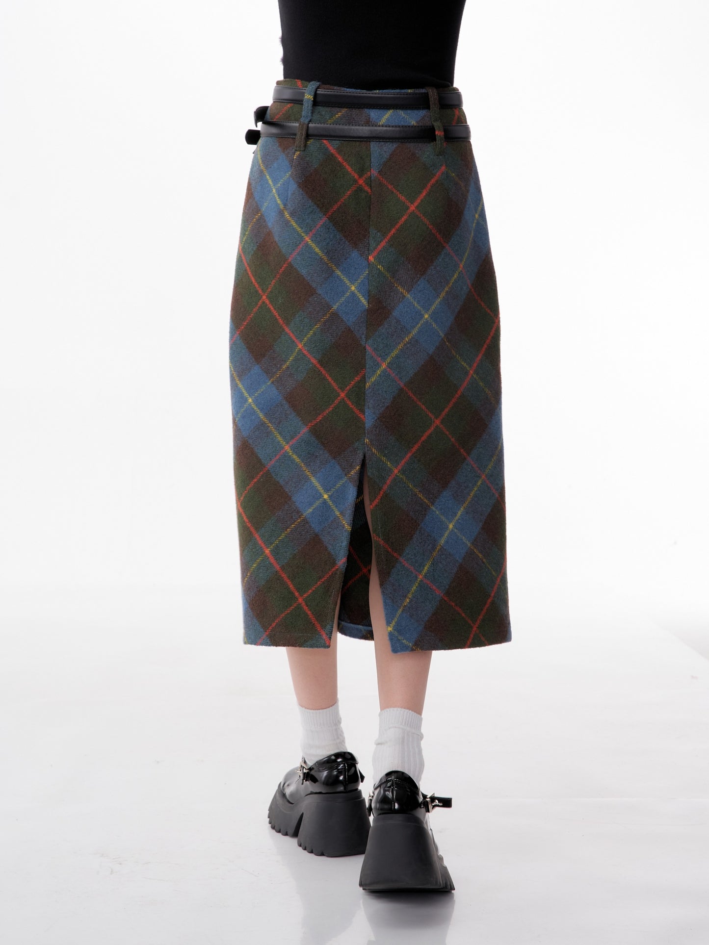 american retro high waist blue plaid skirt