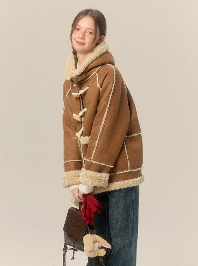 Hooded Horn Buckle Fur Jacket