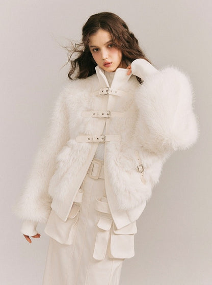 Leather Buckle Wrapping Loose Fur Jacket