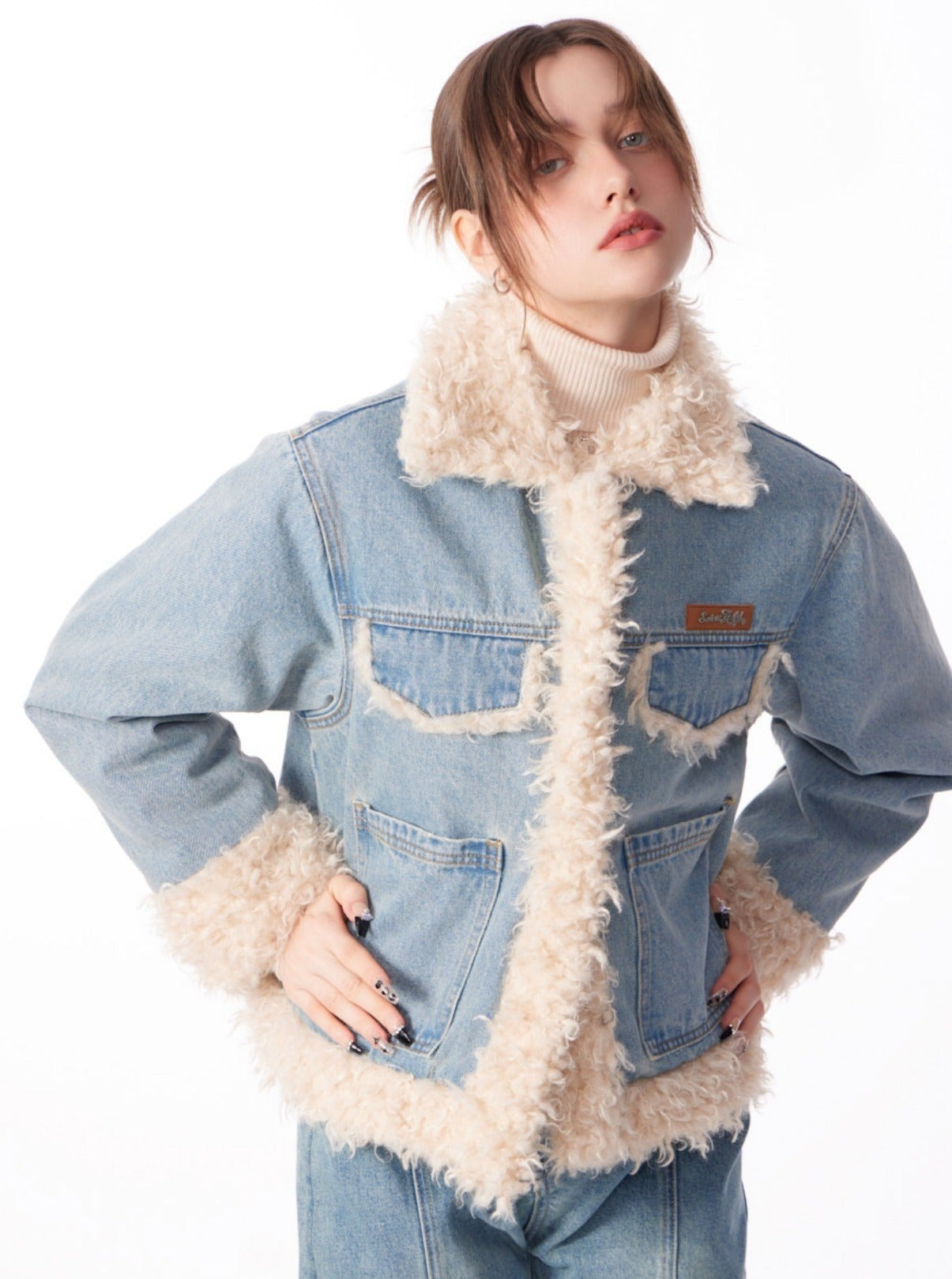 American thickened cotton denim lamb wool coat