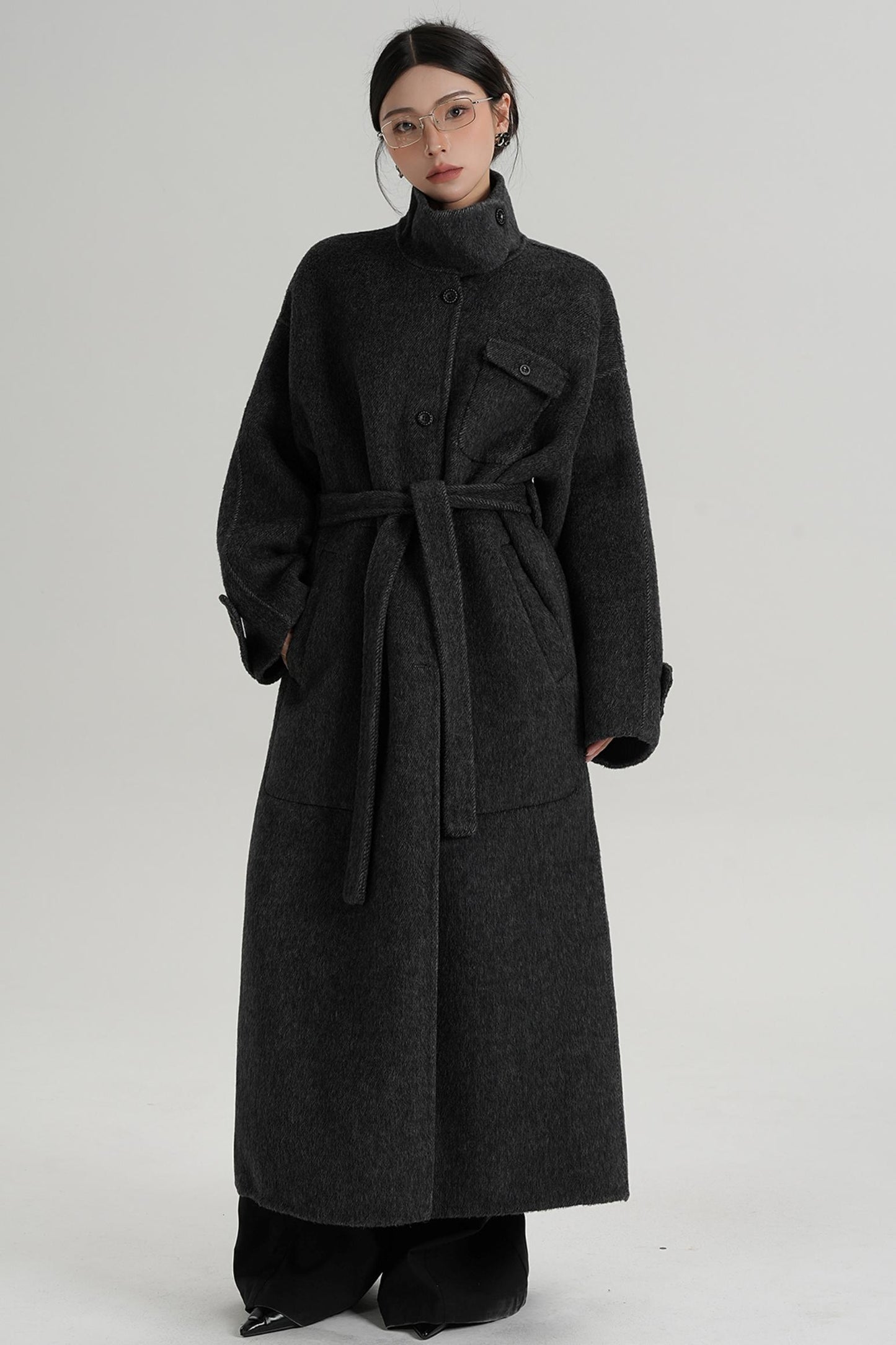 Temperament Design Color-Blocking Woolen Coat
