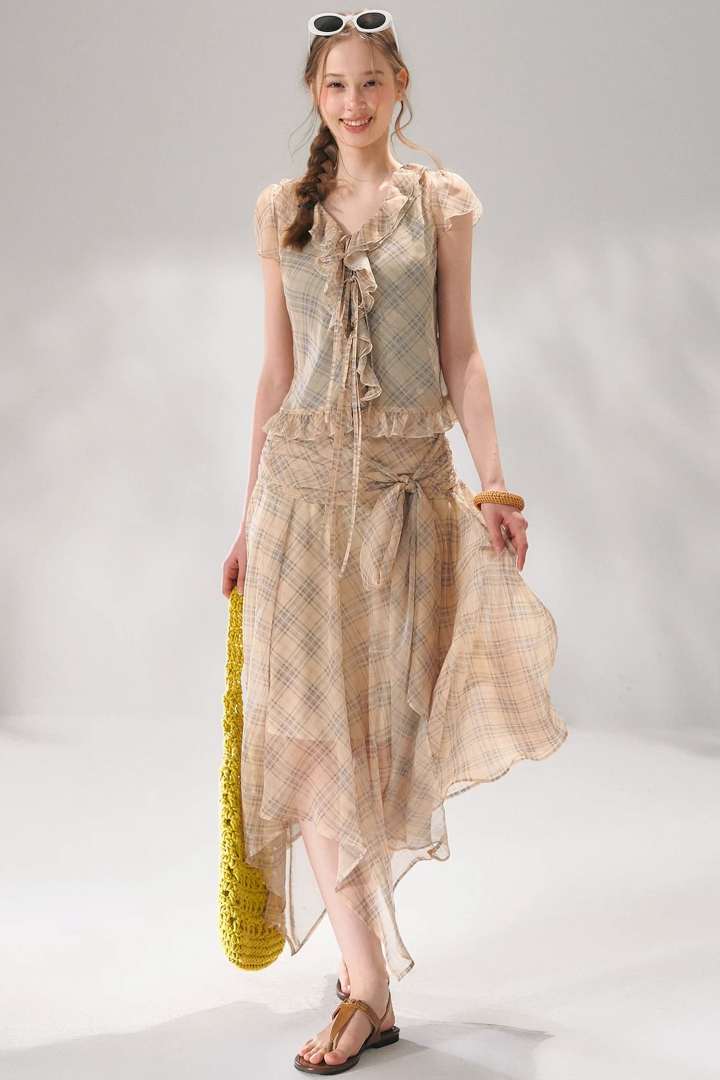 Completo a Due Pezzi Retro a Quadri in Chiffon