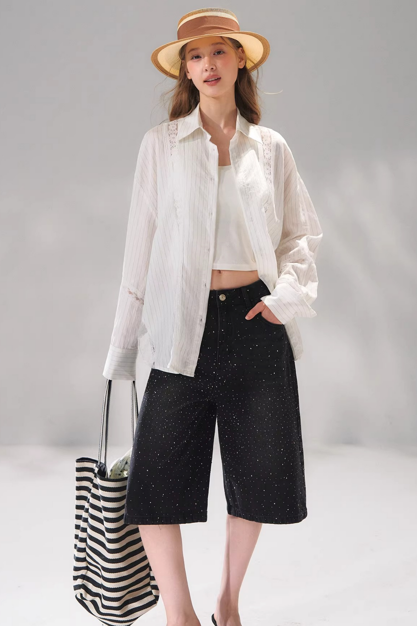 Striped Lace Embroidered Cardigan Set-Up