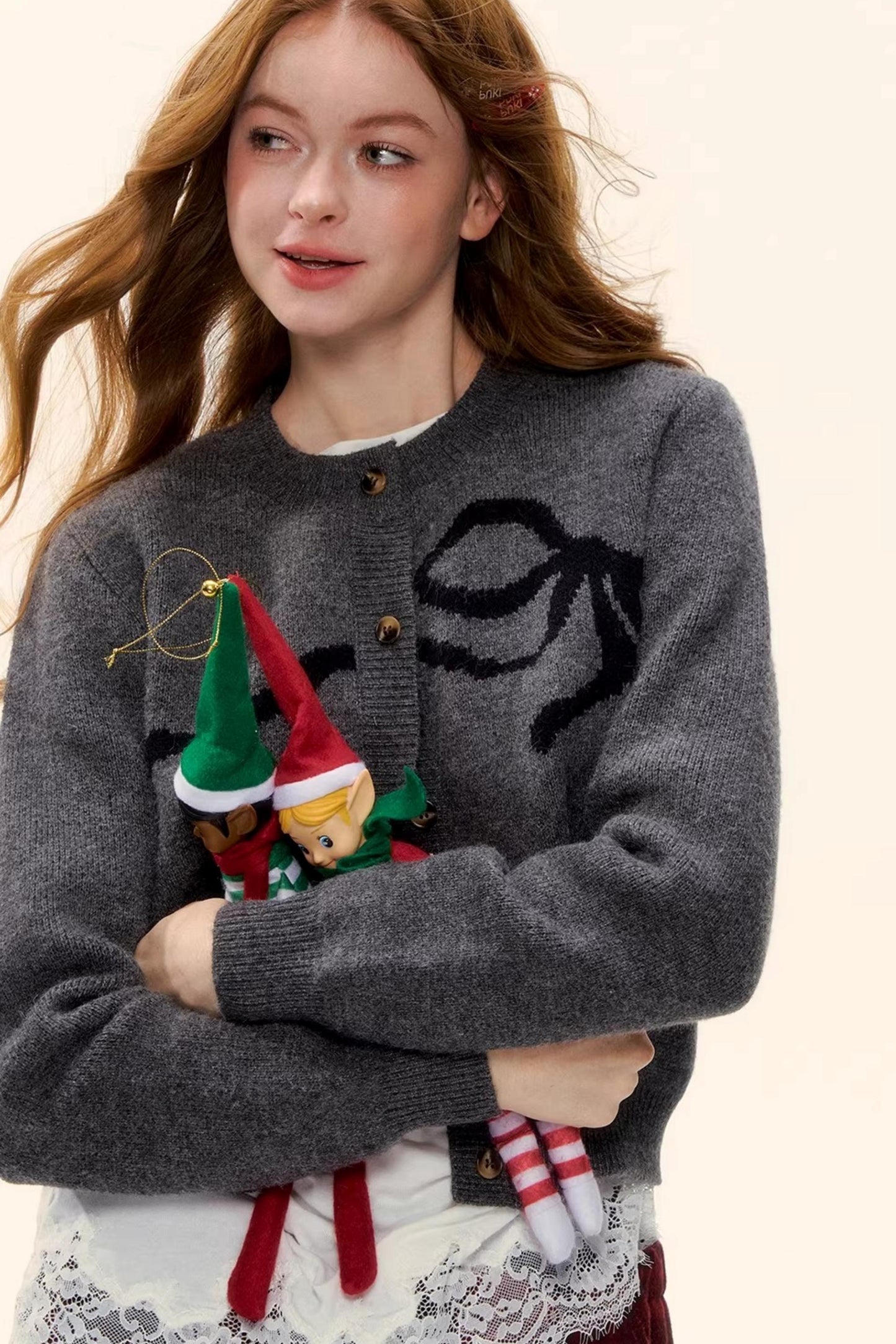 Bow Jacquard Cardigan Sweater