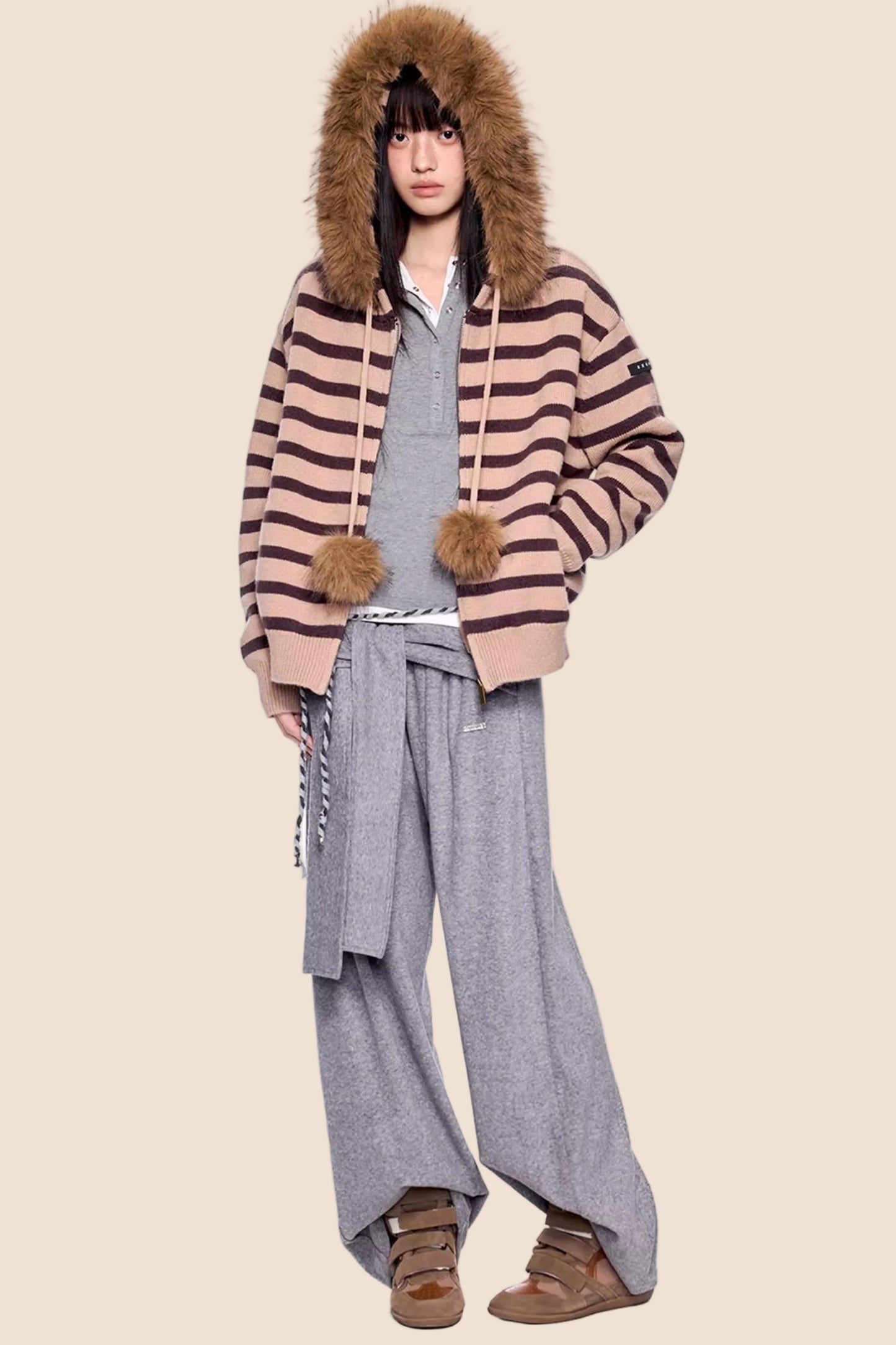 Fur Collar Striped Knit Cardigan