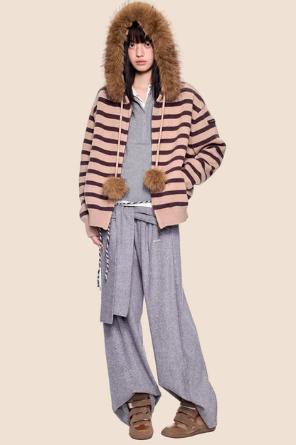 Fur Collar Striped Knit Cardigan