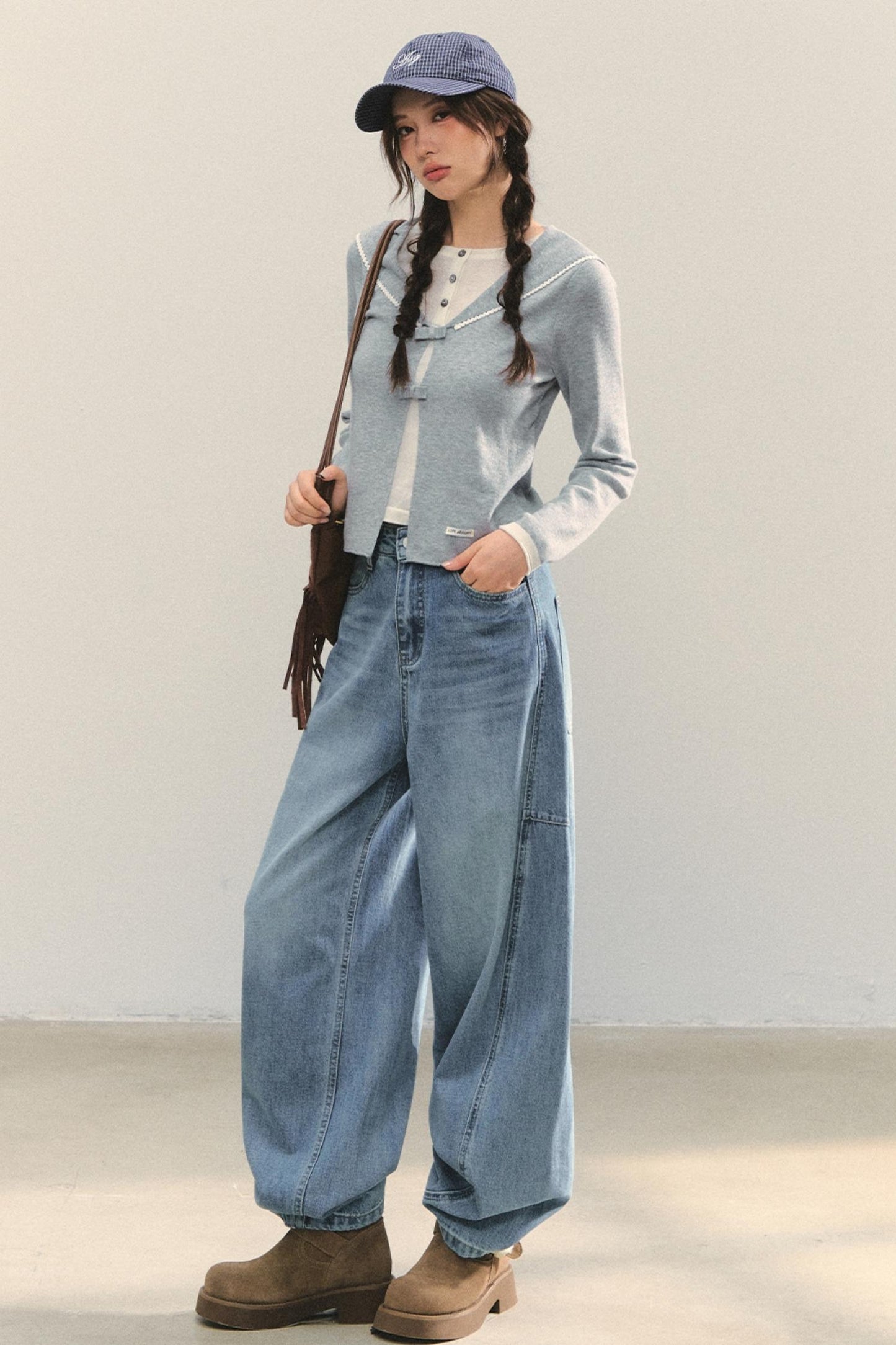 Sweet Navy Neck Knit Cardigan