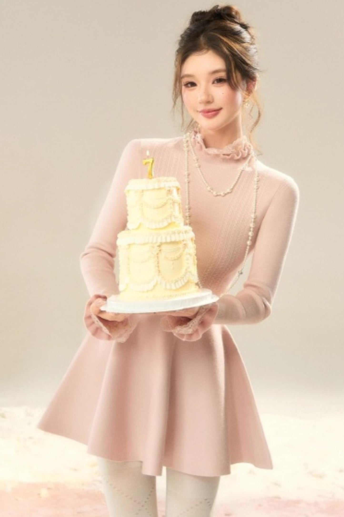 Lace High-Neck Knitted Dress