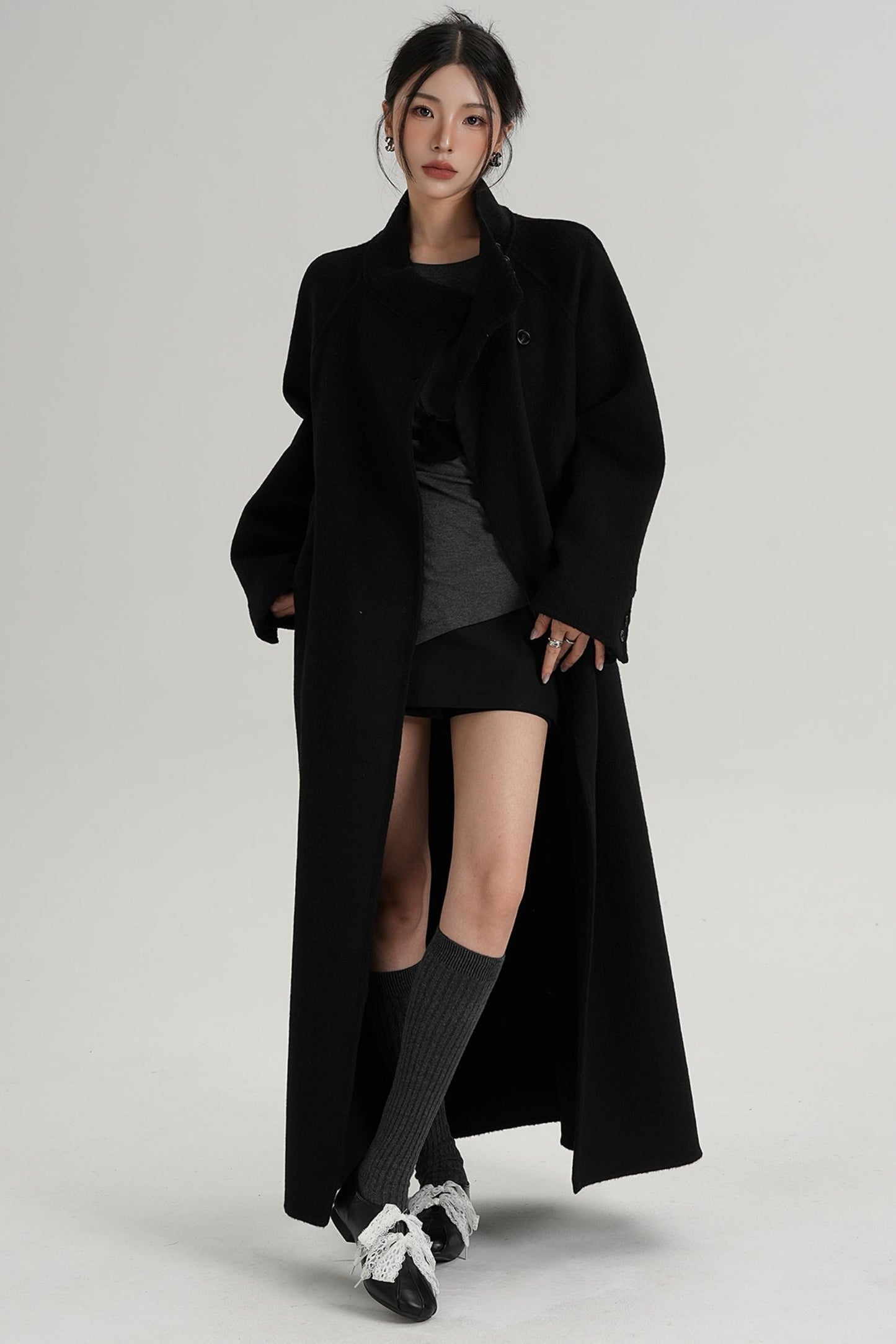 Diagonal Collar Woolen Long Coat