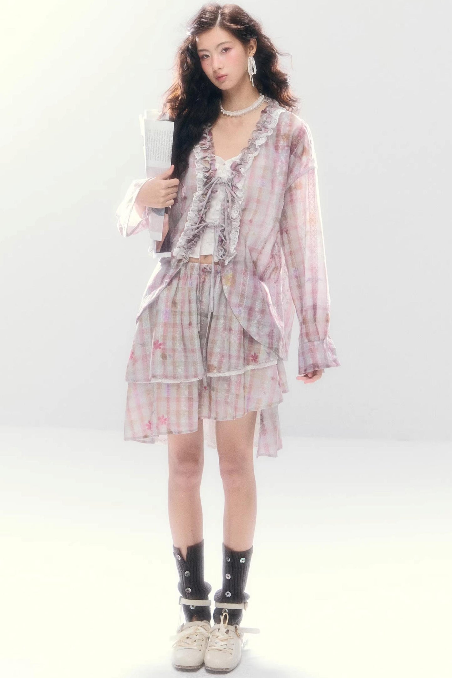 Lace-Tie Cotton Cardigan Matching Set