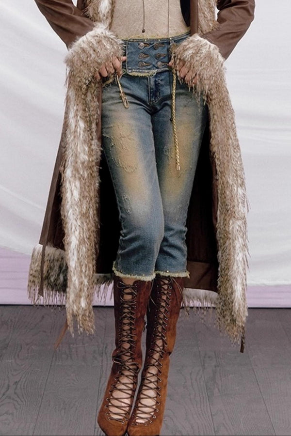 Vintage Distressed Denim Flared Pants