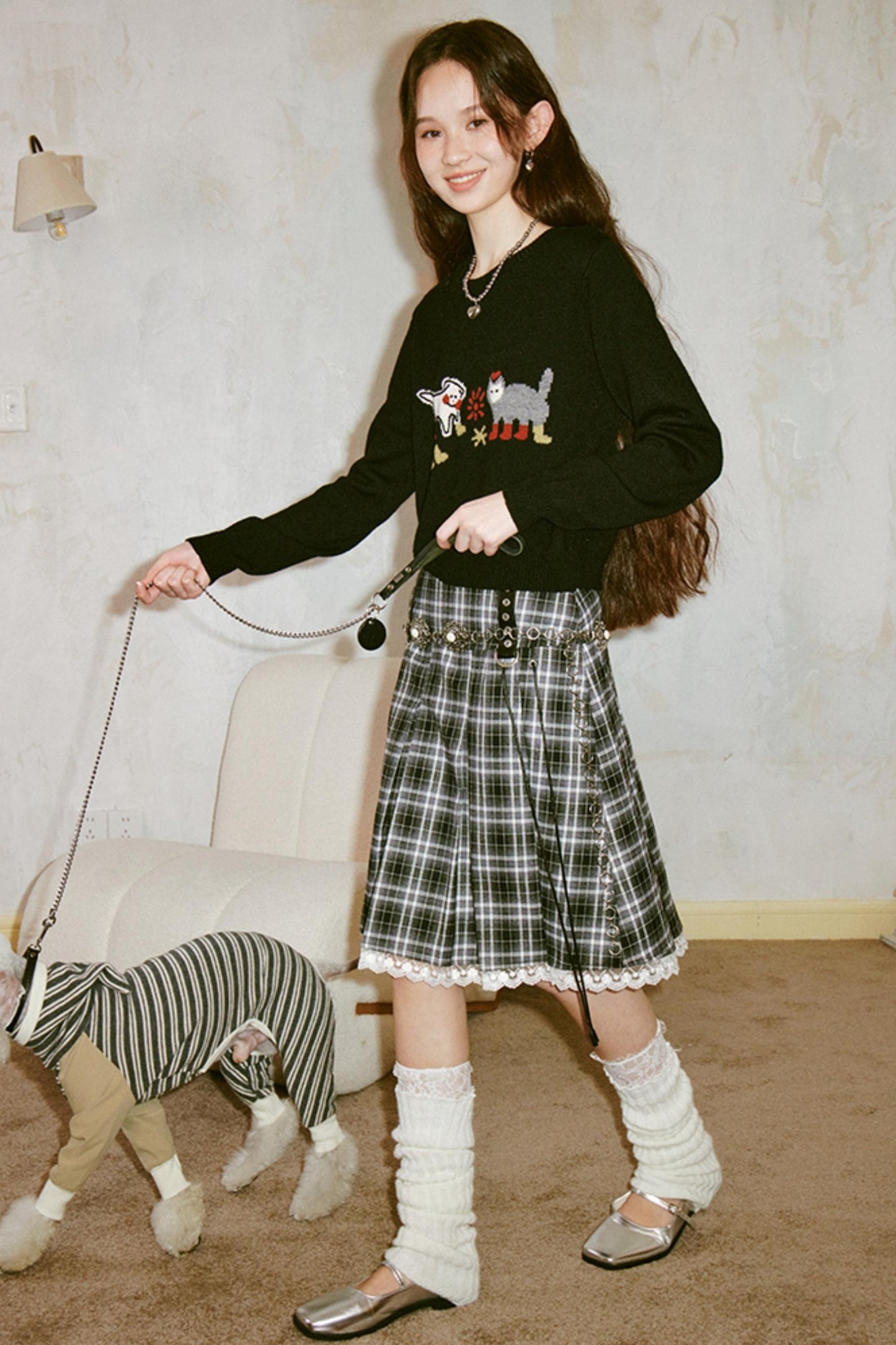 Kitten Puppy Embroidered Wool Blend Top