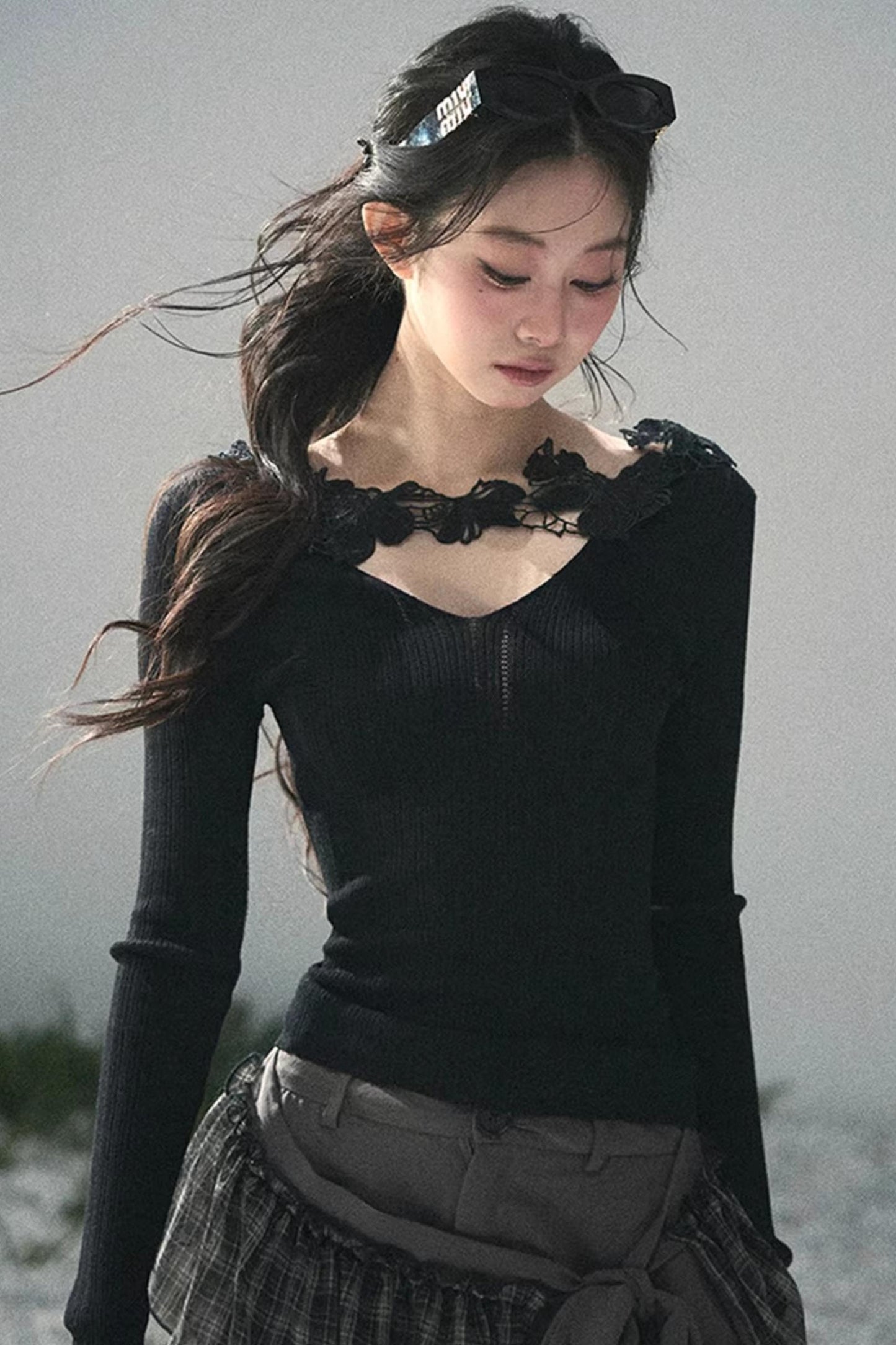 Lace-Trimmed Knitted Top