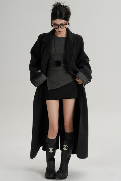 Turn-Sleeve Suit Collar Long Wool Coat
