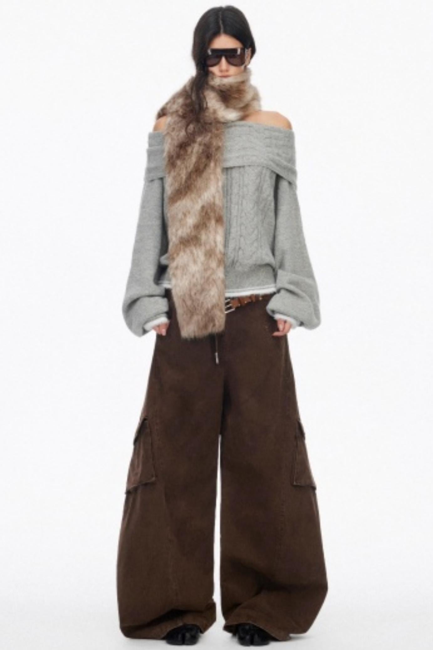 Off-Shoulder Color-Blocked Knit Sweater