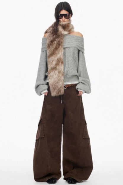 Off-Shoulder Color-Blocked Knit Sweater