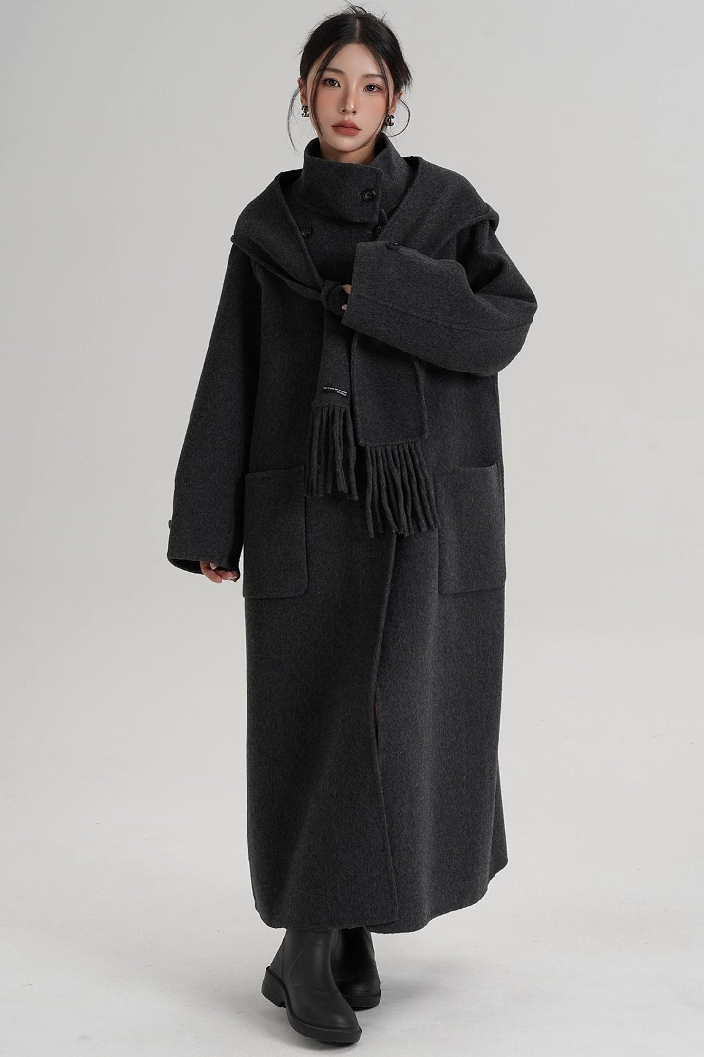 Temperament Hooded Scarf Wool Coat