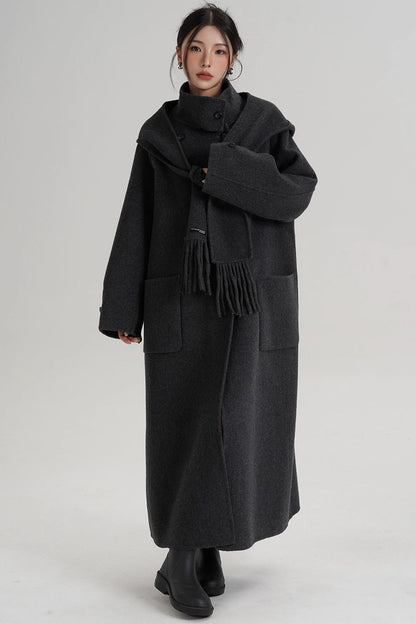 Temperament Hooded Scarf Wool Coat