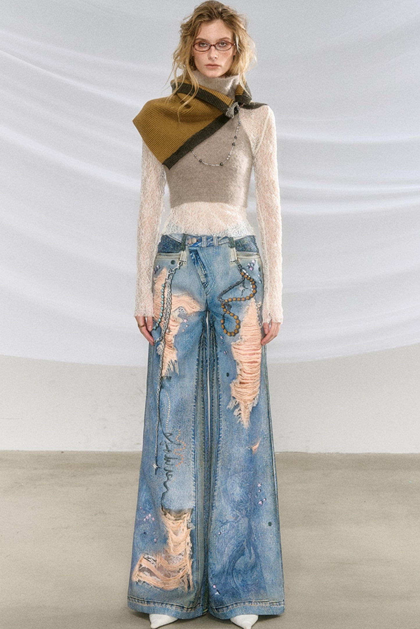 Ripped Faux-Denim Flared Pants