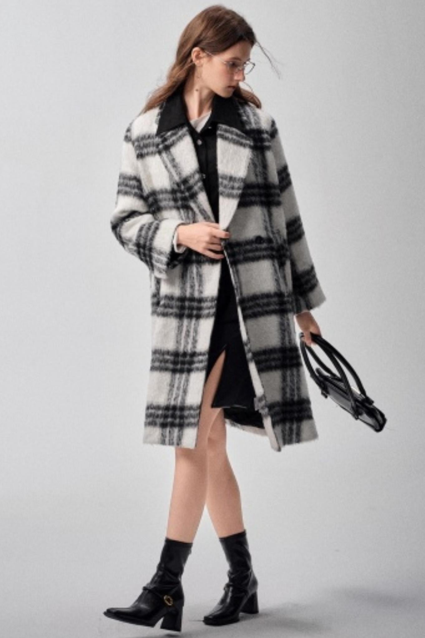 Black & White Plaid High-End Woolen Coat
