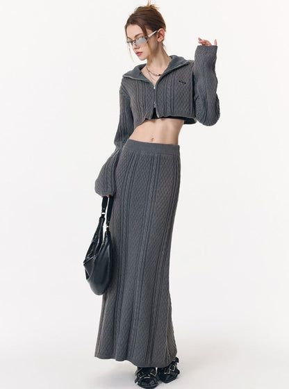 Wash Cropped High Neck Twist Knit Top Suit Skirt Set