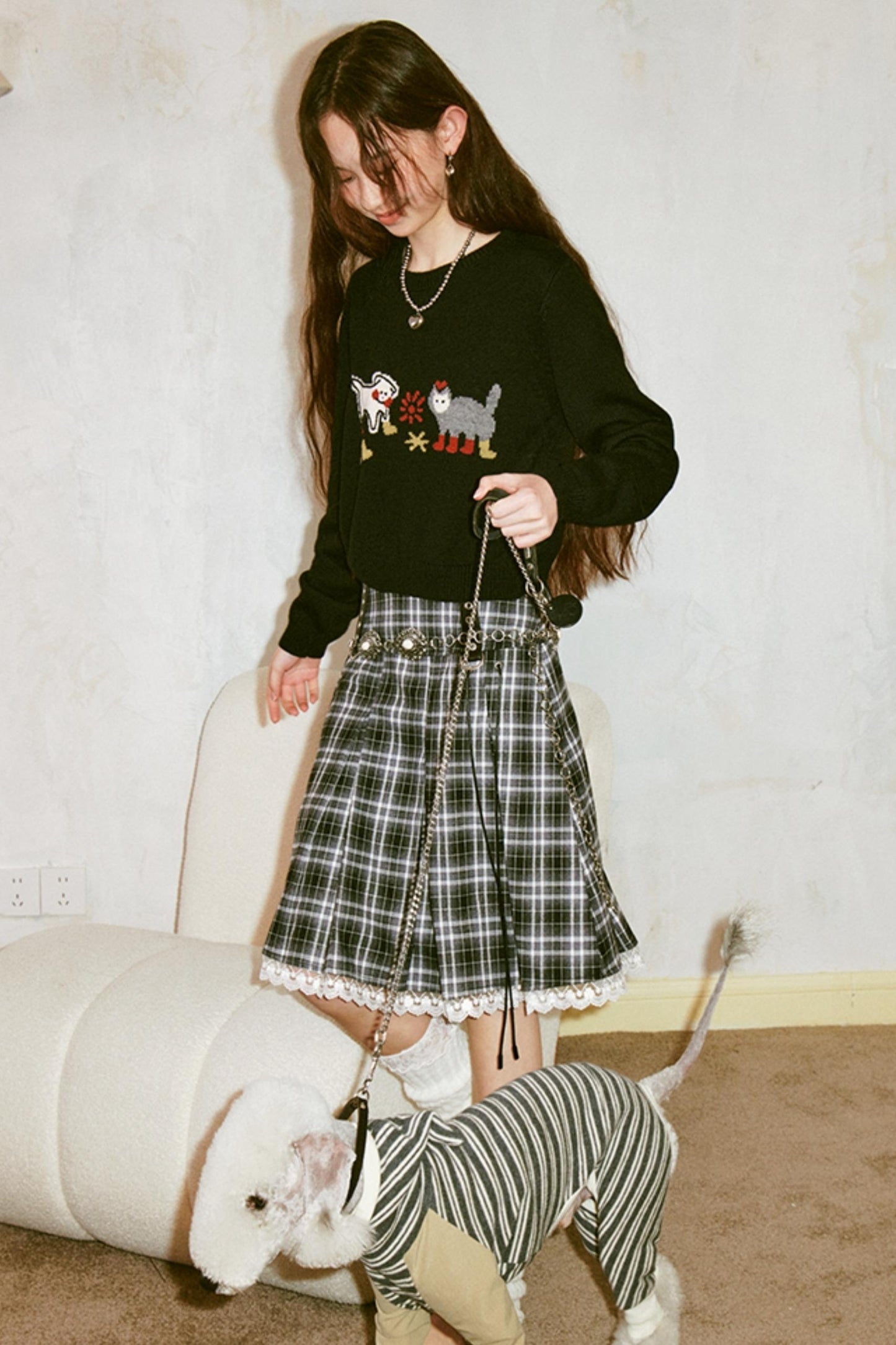 Kitten Puppy Embroidered Wool Blend Top